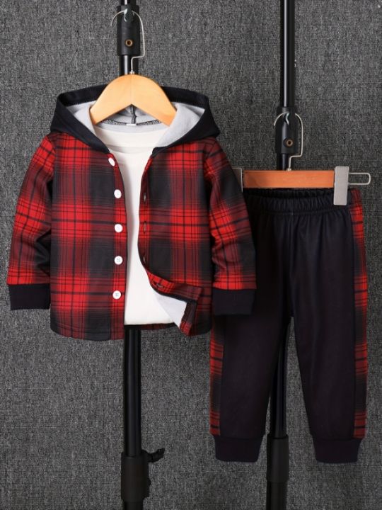 Spring Autumn Plaid Print Baby Boy Long Sleeve Hooded Fleece Lined Shirt Color Block Pants Two-Piece Casual Outfit for Toddlers