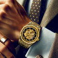 New Men's Watch Black Gold Steel Strip Business Style Mature Night Light Fully Automatic Golden Dragon Carving Mechanical Watch. 