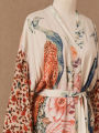 Beach Kimono for Women Peocock Printed Swimsuit Cover Up Self Belted Wrap Dresses Seaside Bathing Suits Beachwear.