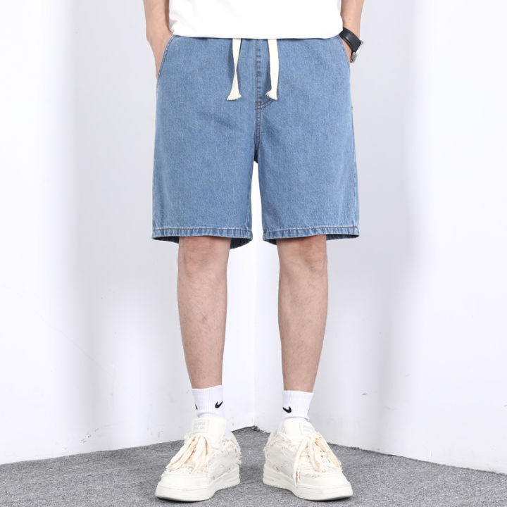 New Summer Thin Men's Denim Shorts Elastic Waist Drawstring Loose Straight Blue Casual Bermuda Jeans Short Male City Boy Y2K