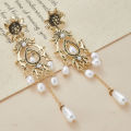 French Retro Light Luxury Needle Flower Imitation Pearl Style Water Droplet Tassel Earring Medieval Vintage Court Style Earrings.