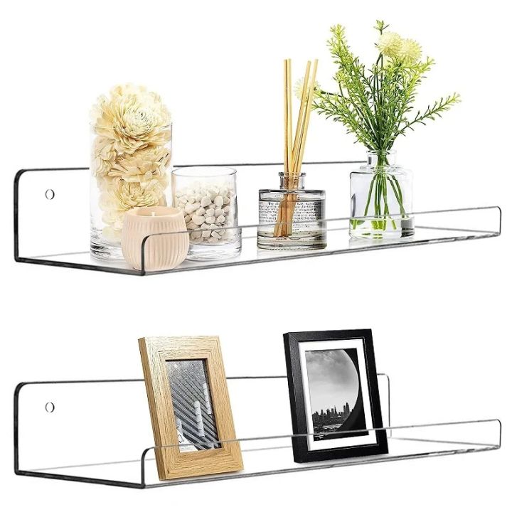 1pc Clear Acrylic Storage Rack Wall Mounted Book Floating Shelf Makeup ...