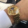 Gold  Vintage Moon Phase Automatic Watch for Men Tourbillon Skeleton Luminous Hands Luxury Brand Mechanical Watches Steel Strap. 
