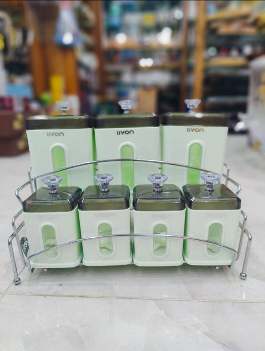 7%20Pcs%20Livon%20Rectangular%20Airtight%20Spice%20Jar,%20Container%20&%20Rack%20with%20Metal%20Base%20-%20Green%20White%20-%20Pink%20-%20Image%205