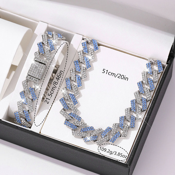 2pcs%20Jewelry%20Set%20Hip%20Hop%20Geometric%20Cuban%20Chain%20Neck%20Fashionable%20High%20Quality%20Hip%20Hop%20Rhinestone%20Neck%20Bracelet%20Jewelry%20holiday%20gi%20-%20Image%202