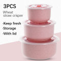3pcs Wheat straw fresh-keeping bowl three-piece set with lid for home microwaveable plastic round lunch box. 
