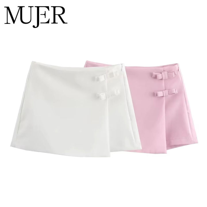 MUJER Pink White Mini Skirt Woman Skort Fashion Bow Skort For Women Summer Slit Short Skirt Woman Split High Waist Skirt Shorts
