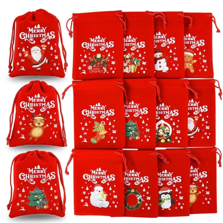 5Pcs/Lot Xmas Patterns Velvet Bags 9x12 15x20cm Small Christmas Candy Gift Bag Drawstring Pouch Boutique Jewelry Packaging Bags