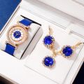 Women's Fashion Quartz Watch Blue Leather Band Analog WristWatch Luxury Ladies Classic Simple Dress Watches Jewelry Set Clock.