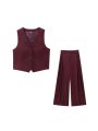 Women's Front Button Fitted Waistcoat and High Waist Pleated Wide Leg Pants, Female Two Piece Sets, Fashion. 