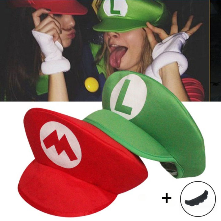 Super Mario Red Green Cap Cosplay Cartoon Hats with Moustache Unisex Caps Cos Props Party Costumes Accessories