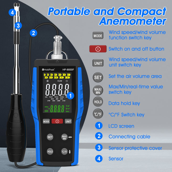 Extendable Probe Thermal Anemometer for HVAC with LCD Screen Wind Speed And Air Volume Measurement Maximum Minimum Function9000F