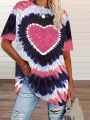 plus size tie-dye heart-print T-shirt casual short-sleeved knitted top round neck, spring and summer series, large size shirt.