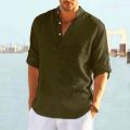 Men's casual loose shirt men's fashion stand collar pure cotton long-sleeved pure color shirt large men's wear. 