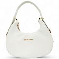 Elegant White Crescent Moon Bag with Gold-Tone Hardware and Adjustable Strap". 