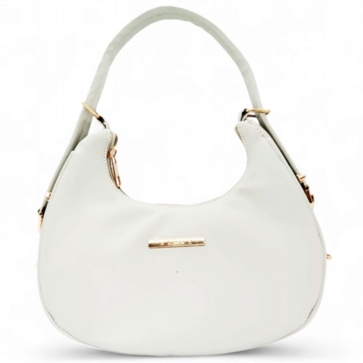 Elegant White Crescent Moon Bag with Gold-Tone Hardware and Adjustable Strap"