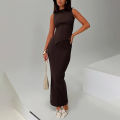 Summer New Pure Color round Neck Unisex High Waist Long Dress Slimming Set High Waist Long Skirt Top And Bottom Ensemble. 
