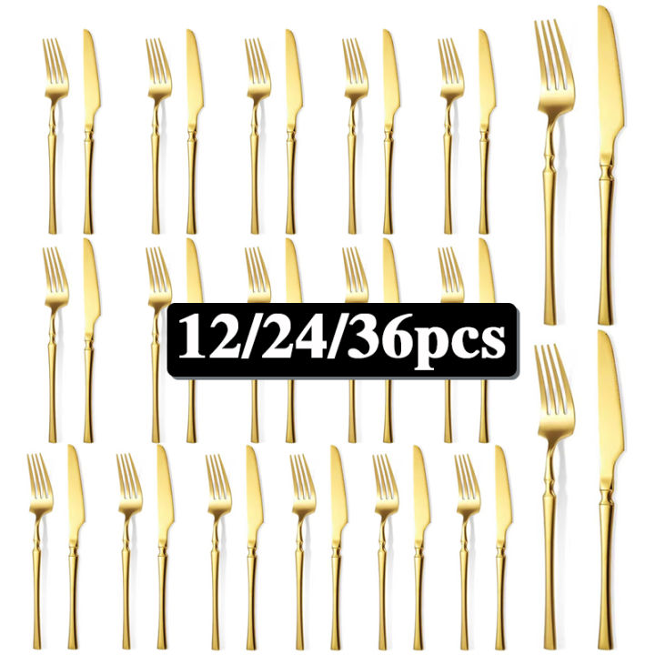 12/24/36pcs Stainless Steel Tableware Set, Including Knife and Fork, Luxurious Gold Waist, Suitable for Holiday Restaurants.
