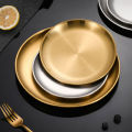 Korean Stainless Steel Disc Golden Cafe Tray Fruit Plate Cake Plate Bone Shallow Plate Snack Kitchen Home Outdoor Dinner Plate.