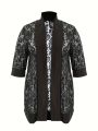 Plus Size Lace Jacket for Women Black Floral Pattern Casual Style Medium Stretch Fabric All Seasons Floral Pattern Cardigan.