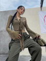 Long Flare Sleeve Blouses for Women Lace-up Mesh  Sweet Hot Girls Korean Fashion Style All-match Solid Design Elegant Casual. 