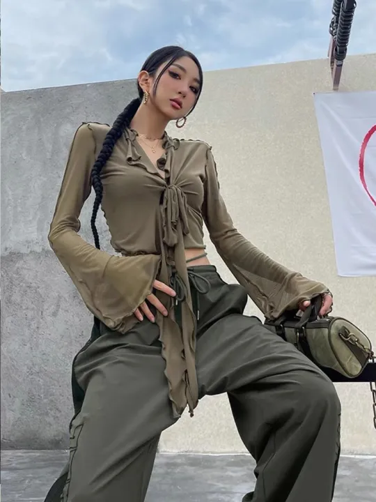 Long%20Flare%20Sleeve%20Blouses%20for%20Women%20Lace-up%20Mesh%20%20Sweet%20Hot%20Girls%20Korean%20Fashion%20Style%20All-match%20Solid%20Design%20Elegant%20Casual%20-%20Image%207