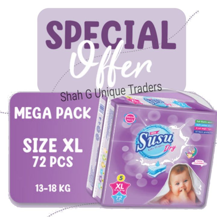 Susu Dry Best baby Diapers,jumbo pack,leak proof,XL Size (72 Pcs)