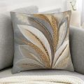 1pc Feather Print Throw Pillow Cover, Gold Gray White Polyester Square Cushion Case for Sofa Living Room Car Home Decor. 