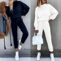 2025 Autumn and Winter Women's Sweater High Collar Casual Pure Color Trousers Two-piece Set. 