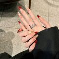 Handmade Press on Nails Shiny Cat Eye French Dot Grid Fake Nail Tips Women Girl Wearable Red New Year Sweet Korean False Nails. 