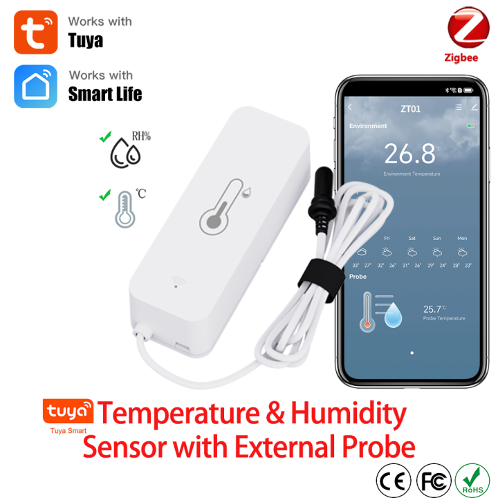 Tuya Zigbee Temperature Humidity Sensor Smart Home Thermometer with External Probe APP Remote Monitoring Work with SmartLife