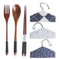 Natural Wooden Spoon Fork Chopsticks Combination Portable Travel Cloth Bag Handmade Kitchen Cutlery Set Japanese Style.