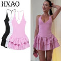 Women's Dresses 2025 Halter Pink Mini Dresses Chic v Neck Layer Ruffles Hem Dress A Line Vestido Summer Ladies Street Party Wear. 