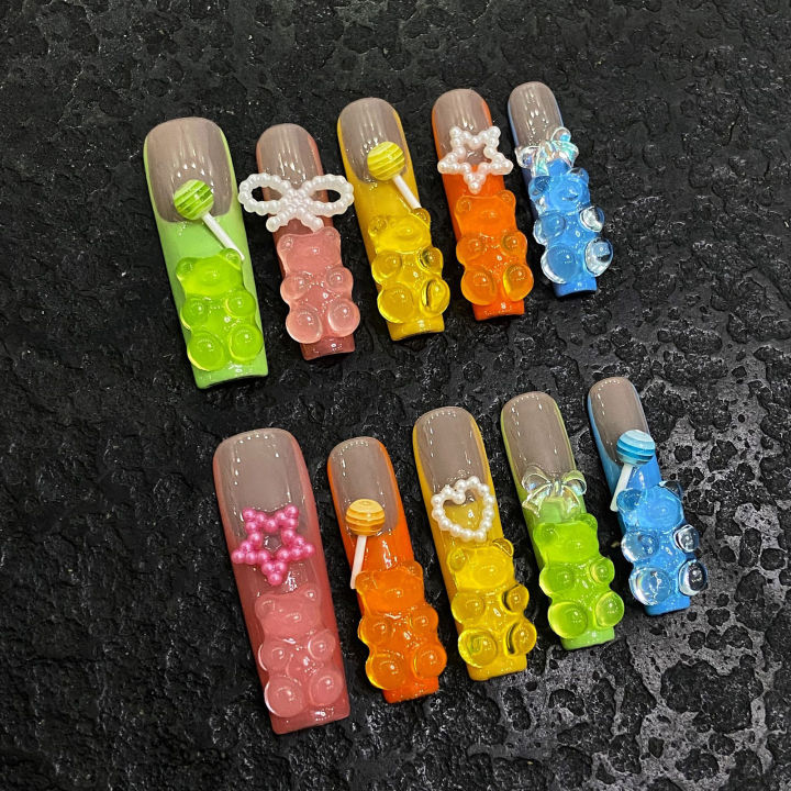 Handmade Press on Nails Cute Candy Bear Bow Love Decor False Nails for Women Wearable Full Cover European Extra Long Fake Nails