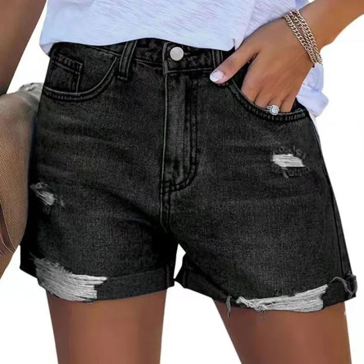 Factory%20direct%20sales%20women's%20summer%20shorts%20loose%20straight%20cylinder%20wide%20leg%20roll%20edge%20worn%20blue%20black%20cotton%20for%20women%20-%20Image%202