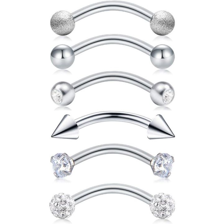 6Pcs Stainless Steel Rook Daith Earrings, Belly Lip Ring Eyebrow Studs Cartilage Tragus Cubic Zirconia Barbell Body Piercing