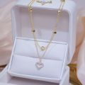 Korean Double Layer Heart Necklace Shiny Bling Zircon For Women Clavicle Chain Elegant Charm Wedding Pendant Choker Jewelry Gift - Necklace For Girls. 