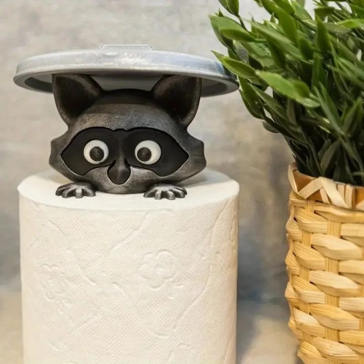 Cute Raccoon Toilet Paper Holder Playful Bathroom Decor With Trash Can Lid Cover Unique  Idea Funny Home Accessory