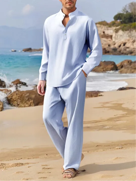 Summer%20Men's%20Casual%20Two%20Pieces%20Daily%20Outdoor%20Travel%20Basic%20Breathable%20Shirt%20Solid%20Pants%20Suit%20Male%20Beach%20Tracksuits%20Set%20-%20Image%204