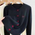 2026 Women Knitted Cardigan Bow Embroidery O-Neck Single Breasted Heart-shaped Button Sweater Korean Casual Solid Knitting Tops.