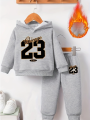 Baby boy long sleeved size 23 digital pattern fleece long sleeved hooded sweatshirt+long pants two-piece set suitable for casual. 