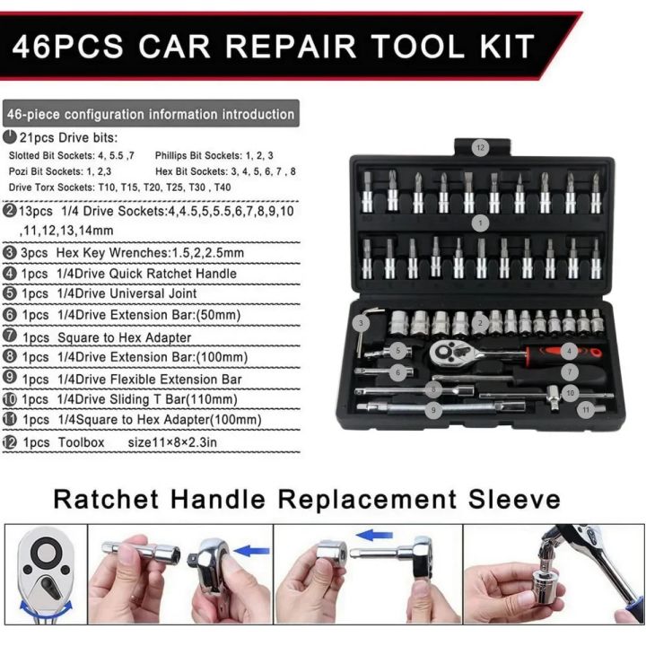 46pcs%201/4%20Inch%20Drive%20Socket%20Set%20Ratchet%20Wrench%20Set%20Car%20Tool%20Kit,%20Bit%20Socket%20Wrench%20Set%20Metric%20Mechanic%20Tool%20Set%20Car%20Accessories%20-%20Image%205