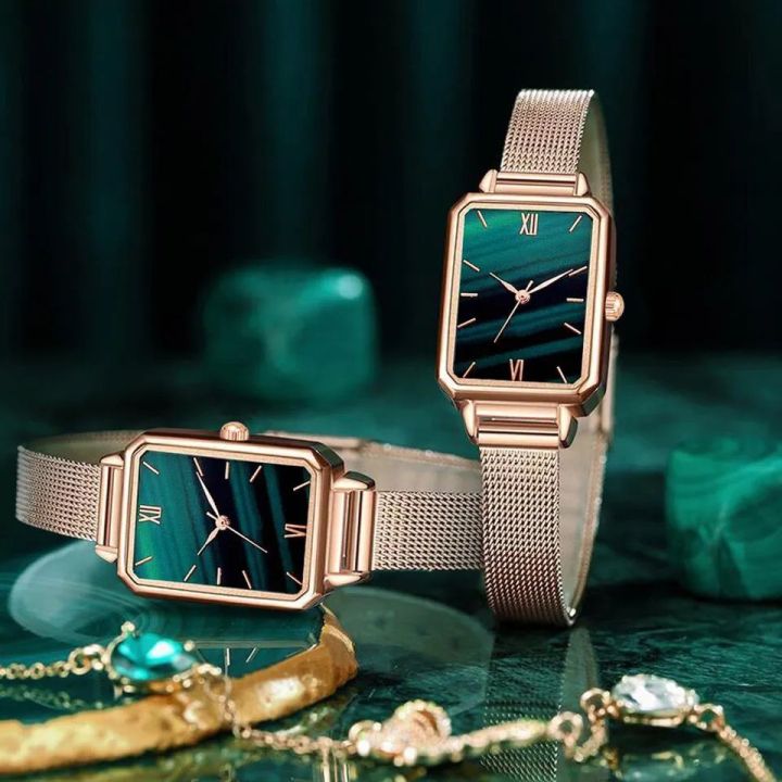 Women%20Watches%20Fashion%20Square%20Ladies%20Quartz%20Watch%20Bracelet%20Set%20Green%20Dial%20Simple%20Rose%20Gold%20Mesh%20Luxury%20Women%20Watches%20-%20Image%204