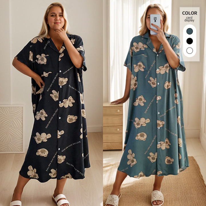 Plus size pajama nightdress for women 40–150kg oversize loose long short sleeve sleepwear cute bear print homewear dress