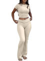Casual Workout Two Piece Outfits for Women Short Sleeve Crop High Waist Foldover Flare Pants Tracksuit Sets Streetwear.