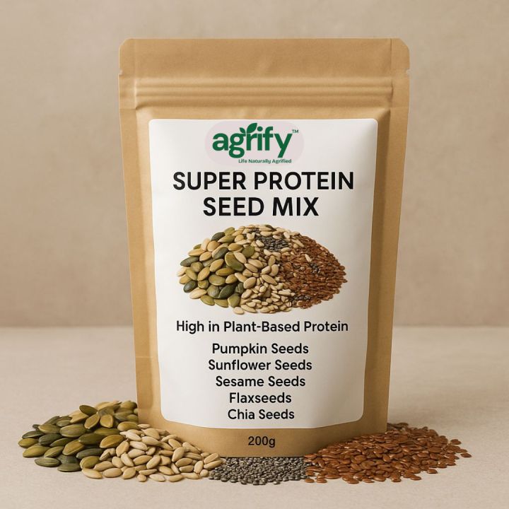 Agrify Super Protein Seed Mix – 100% Natural, Gluten-Free, High Protein. Pumpkin Seeds Sunflower Seeds Flax Seeds Sesame Seeds  
Chia Seeds