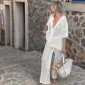 New Style Loose Short Sleeve Top Knitted Hollow Out Pants Beachwear Cover Up Set Women's Beach Vacation Casual Sun Bathing Smock.