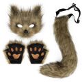 Fluffy Fur Fox Tail Cat Paws Gloves and Ears Headwear Face Mask Cosplay Costume Wolf Therian Mask Set Halloween Party Accessorie.