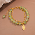 Chinese Style Green Jade Bracelet For Women Exquisite Gold Color Leaves Wrist Strap Bangle Double Chain Bracelet K.