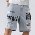 Men Summer Stretchy Denim Shorts Jeans For Men Streetwear Letter Ripped Knee length Baggy Comfort Cargo Casual Shorts Pants Jean.